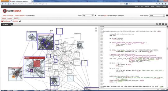 Bild 3: Die Baumdarstellung des Programms zeigt die Module als Hierarchie gemäß der physischen Anordnung des Codes in Dateien und Ordnern. Während die Module mit den meisten Taint-Quellen rot markiert sind, kennzeichnet die blaue Umrandung Module mit Taint-Senken.(Bild:  Grammatech)