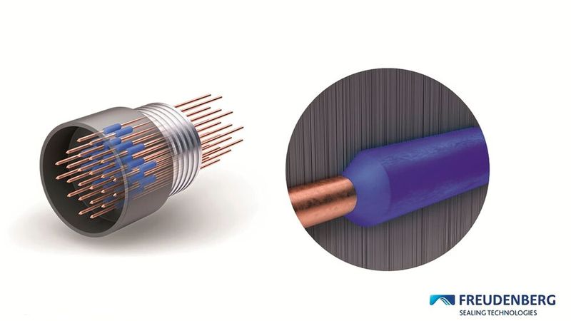 Hier ist links ein Multi Pin Connector mit runden Pins respektive Busbars dargestellt. Daneben wieder das Detail mit der stoffschlüssig umspritzen Dichtung. (Bild: Freudenberg Sealing Technologies)