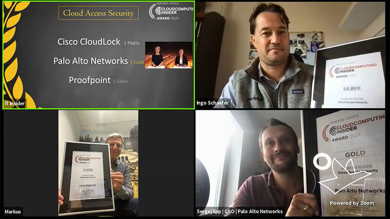 Die ersten Preise wurden in der Kategorie „Cloud Access Security“ mit Platin an Cisco CloudLock vergeben (vertreten durch Markus Hies), Palo Alto Networks (vertreten durch Sergej Epp) gewann Gold und für Proofpoint freute sich Ingo Schäfer über den Gewinn von Silber. (Vogel IT-Medien)