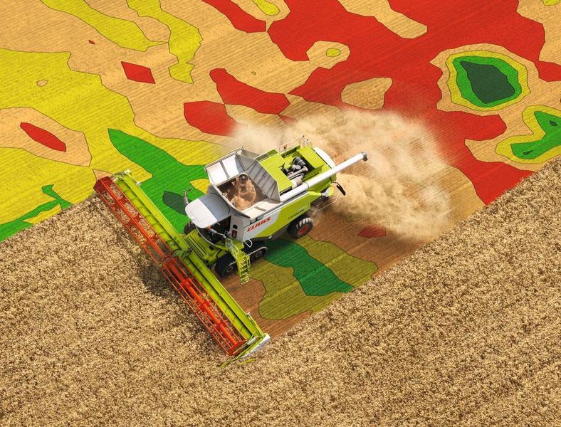 Mit Hilfe der Daten aus dem Auftragsmanagement ist man mit dem Mähdrescher LEXION von CLAAS in der Lage, eine Ertragskartierung durchzuführen. Sensoren in der Maschine messen Ertrag und Kornfeuchte. Gleichzeitig ergänzt das Bordinformationssystem CEBIS mit Hilfe von GPS-Satelliten geografische Koordinaten. (Claas)