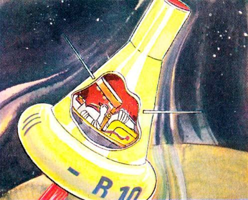 Flug mit Raketenkapsel: Die ersten Satelliten-Piloten –   Die Weltraum- oder Raketenkapsel wird so abgeschossen, daß ihre Flughahn in 200 km Höhe parallel dem Erdäquator verläuft. In der Kapsel befindet sich nur ein Pilot, der rücklings auf seinem Sitz liegt. Die Antriebsraketen brennen aus, sobald die Kapsel aus dem Anziehungsfeld der Erde hinausrast. Dann schwebt sie auf ihrer Satellitenbahn. Der Pilot funkt jetzt seine Beobachtungen im Weltenraum zur Erdstation. Um wieder zur Erde zurückzukommen, ist es notwendig, die Geschwindigkeit durch Gegendruck-Raketen abzubremsen. Das veranlaßt der Pilot, und die Kapsel sinkt aus der Flugbahn wieder in die Erdatmosphäre. Die Stundengeschwindigkeit von 28 000 km wird nun so abgebremst, daß die Kapsel in einem sehr flachen Winkel der Erde entgegenstürzt. Ein wulstartiger Hitzepanzer aus einer Legierung von Nickel, Titanium und Stahl fängt die durch Luftreibung entstehende Hitze auf. In 12 000 Meter Höhe löst sich der erste Fallschirm aus der Kapselspitze. Gleichzeitig werden Panzerung und ausgebrannte Gegenraketen abgeworfen. Gewichtsverringerung und Fallschirm bremsen die Geschwindigkeit. Der Landefallschirm entfaltet sich erst in 3000 Meter Höhe. Er läßt die Kapsel nun langsam zur Erde zurückschweben. Für den Fall einer Wasserlandung befinden sich an Bord dieser merkwürdigen Rakete Rauchpatronen und Notsignale.  (Die Welt von Morgen, Birkel-Sammelalbum, 1959 / retro-futurismus.de)