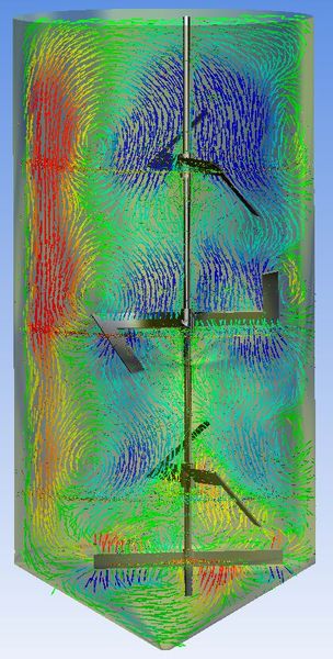 Stelzer ALPHA- Rührer als Zwangsfördersystem. 4 stufige Anordnung mit Bodenrührer d2/d1 >0.9. Viskosität in der CFD Darstellung: 250000mPas (Bild: SPX)