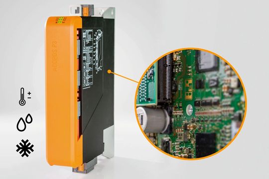 Eine spezielle Beschichtung der Elektronik des Acopos P3 ermöglicht einen Einsatz unter aggressiven atmosphärischen Umgebungsbedingungen und bei Temperaturen von bis zu -25°C.(Bild:  B&R)