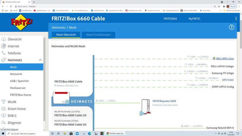 Abbildung 39: Seit Mai 2021 gibt es auch den Wi-Fi-6-fähigen FRITZ!Repeater 6000: AVM verspricht 1200 Mbps bei 2,4 GHz und 2x 2400 Mbps im 5 GHz Band, alles Brutto. (Bild: Harald Karcher)