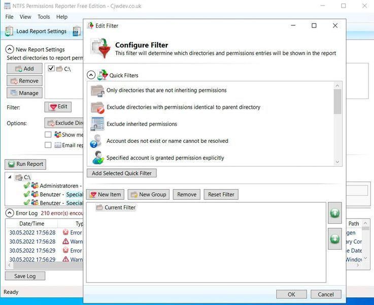 Konfigurieren der Filter von NTFS Permissions Reporter. (Bild: Joos / CJWDEV)