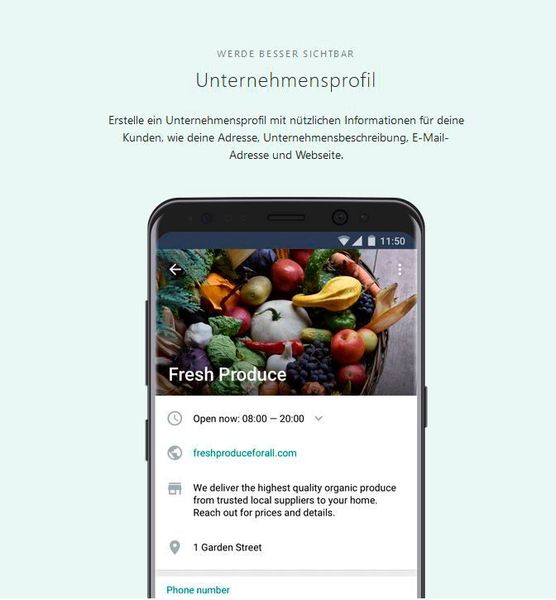 Bei Einrichten der App ist zunächst erforderlich, ein Unternehmensprofil zu erstellen. (whatsapp.com)