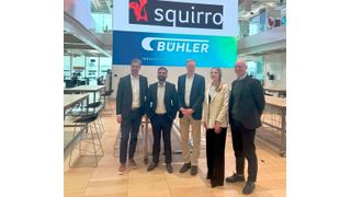 Partner für den KI-Einsatz (v. l. n. r.): Vidor Kapy (CIO Bühler), Saurabh Jain (CTO Squirro), Mark Macus (CFO Bühler), Lauren Hawker Zafer (COO Squirro) und Ian Roberts (CTO Bühler). (Bild: Squirro)