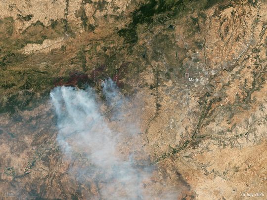 Raging wildfires: A Copernicus Sentinel-2 image, captured on 26 July 2026, shows a view of fires burning to the west of Madrid, Spain, in one of the areas that would end up being the worst affected. The European Union’s Copernicus Emergency Mapping Service was activated on 23 July to monitor and provide emergency mapping data. Near-infrared data highlight active fire fronts in the region around Ávila, approximately 100 kilometers (approx. 62 miles) northwest of the Spanish capital, while massive smoke plumes spread across the landscape. (Contains modified Copernicus Sentinel data, 2026, processed by ESA)(Source:  CC BY-SA 3.0 IGO)