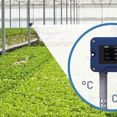 Der SPE-Sensor namens Hydrotrans S20 stammt aus dem Hause Jumo. Er misst Temperatur, Feuchtigkeit- und CO2-Werte direkt bei den Pflanzen. (Bild: Jumo)