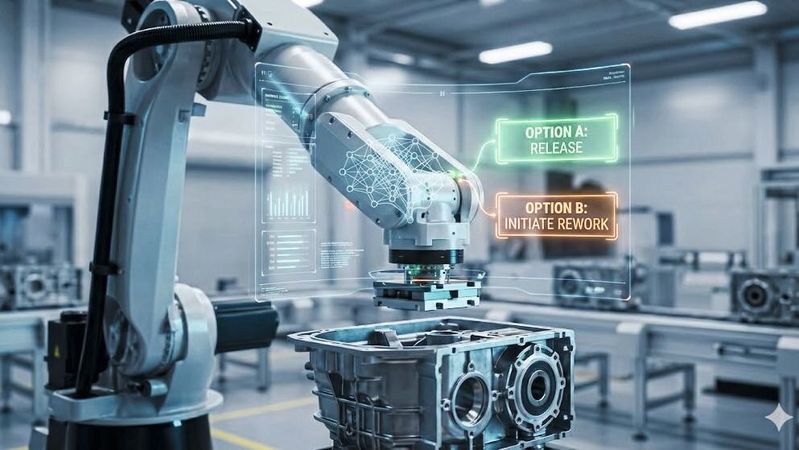 Vom Befehlsempfänger zum Entscheidungsträger: Dank Agentic AI führen Roboter nicht mehr nur stur vorprogrammierte Skripte aus. Stattdessen analysieren sie visuelle Daten in Echtzeit und entscheiden autonom über den nächsten Prozessschritt(Bild:  Nano Banana / KI-generiert)