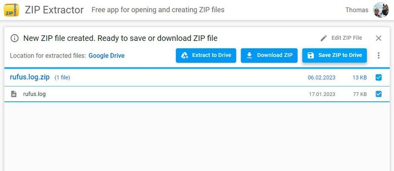 Die mit ZIP Extractor erstellten Archive lassen sich in Google Drive speichern oder herunterladen. (Bild: Joos – ZIP Extractor)