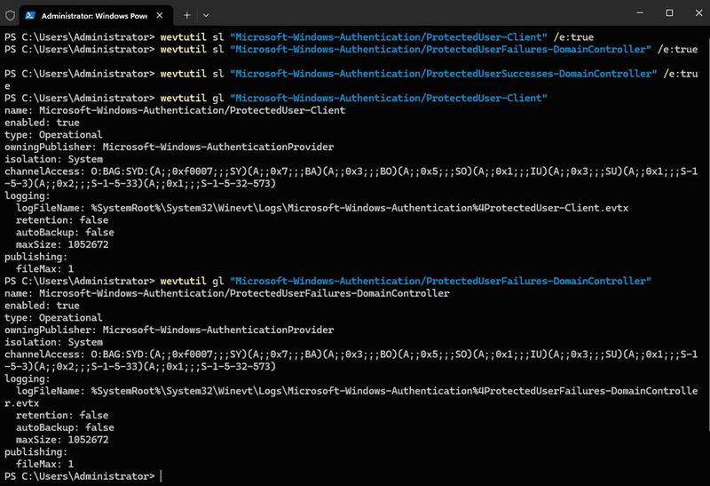 Aktivieren der Ereignisanzeigen für Protected Users und deren Status-Abfrage in der PowerShell. (Bild: Joos)