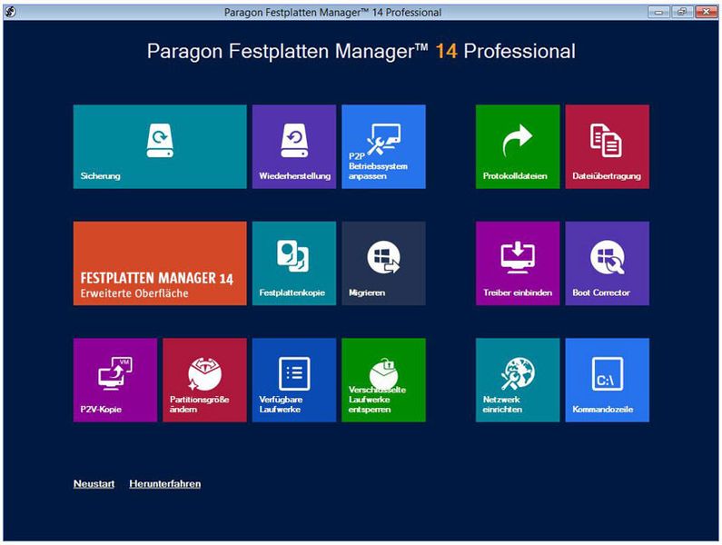 Das Startmenü der Professional-Edition  (Paragon)