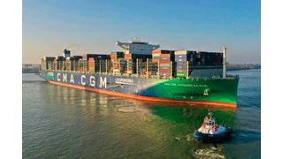 Das LNG-getriebene Containerschiff CMA CGM Jacques Saade ist ein Pionier in Sachen Luftqualität und Energieverbrauch und ein wichtiger Schritt in Richtung der für 2050 angestrebten Klimaneutralität von CMA CGM. (CMA CGN)