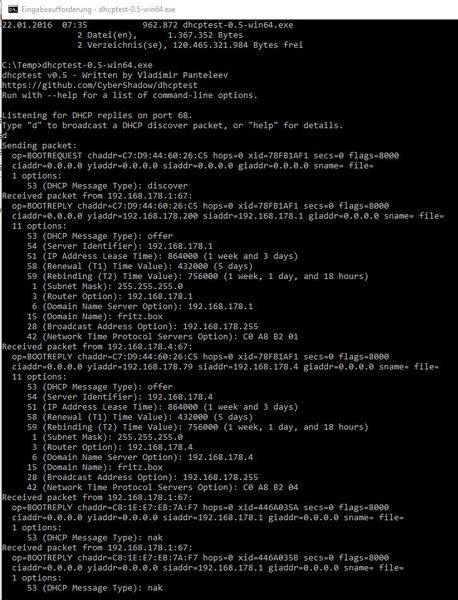 Mit „dhcptest.exe“ testen Administratoren schnell und einfach DHCP-Server im Netzwerk und lesen die gesendeten und empfangenen Informationen aus. (Bild: Joos)