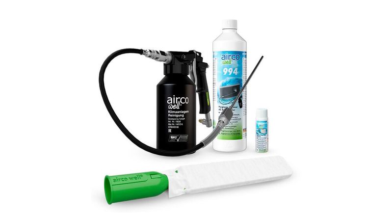  Die neuen Startersets enthalten den Hygiene-Reiniger für die Klimaanlage und die Pollenfilterbox, eine Druckbecherpistole mit Sonde, um die gesamte Lamellenstruktur gründlich durchzuspülen, sowie das Reinigungstool für die Pollenfilterbox.(Bild:  Tunap)