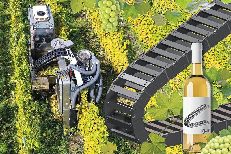 Im kompakten Erntefahrzeug der CH engineering GmbH kommen robuste Energieketten aus Hochleistungskunststoff von igus zum Einsatz, die auch unter schwierigen Bedingungen zuverlässig arbeiten und den Wartungsaufwand für Winzer minimieren. (Bild:  Igus GmbH)