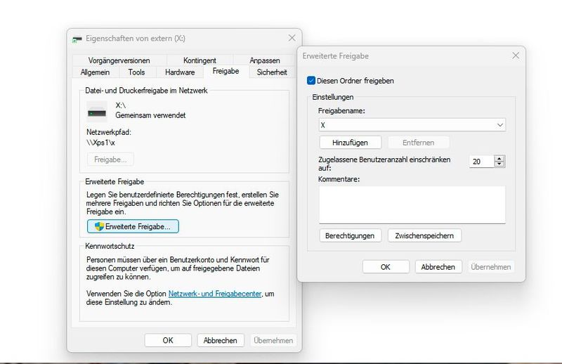 Verzeichnisse in Windows freigeben. (Bild: Joos (Screenshot))