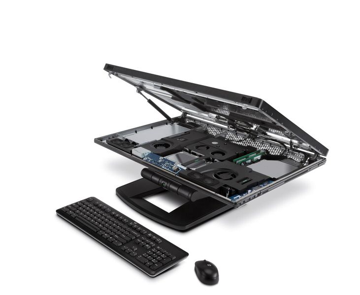 Das Display des HP Z1  lässt sich aufklappen, so dass der Anwender ohne spezielles Werkzeug bequem einzelne Bestandteile auswechseln und Upgrades durchführen kann. (Bild: HP) (Bild: HP)