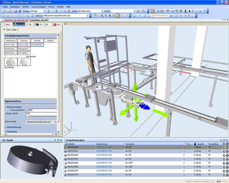 3 Einfacher Montagesysteme geplant: Die Projektierungssoftware MTpro unterstützt den Anwender bei der Planung von Montagelinien oder Arbeitsplätzen. Ist die Anlage erstellt, kalkuliert die Software eine Liste aller verbauten Komponenten und der benötigten Zubehörteile. (Archiv: Vogel Business Media)