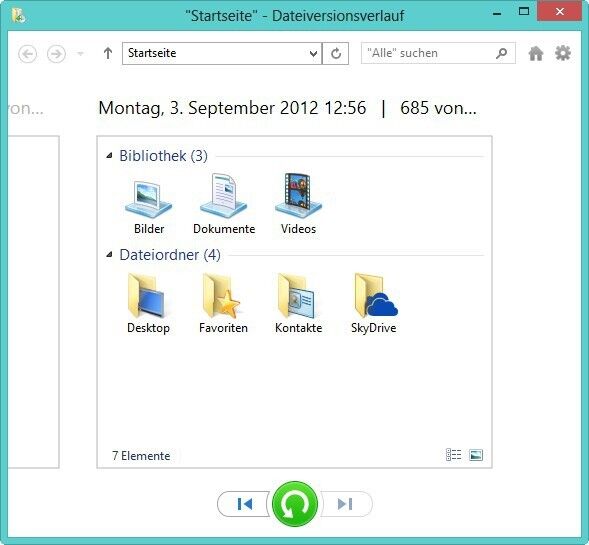 Abbildung 7: Um Dateien mit dem Dateiversionsverlauf wiederherzustellen, verwenden Anwender den Explorer in Windows 8. Eine Unterstützung durch Administratoren ist nicht notwendig. Die Sicherung erfolgt mehrmals am Tag. (Bild: Joos)