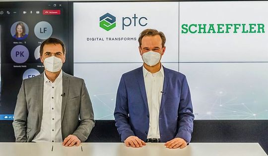 Allianz geschmiedet! Schaeffler und PTC haben ein „Memorandum of Understanding“ unterzeichnet. (Von links): Uwe Wagner, Vorstand Forschung und Entwicklung der Schaeffler AG und Rainer Eidloth, bei Schaeller Leiter F&E Prozesse, Methoden & Tools. Was das bedeutet, lesen Sie hier.(Bild:  Schaeffler)