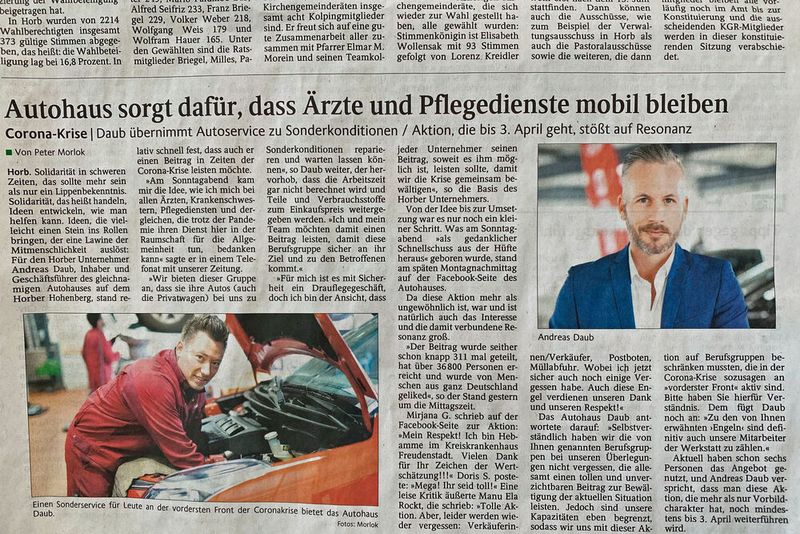 In Zeiten der Solidarität leistet das Autohaus Daub in Horb am Neckar auch seinen Beitrag und bleibt geöffnet. Darüber berichtet die örtliche Lokalzeitung. (Bild: Andreas Daub)