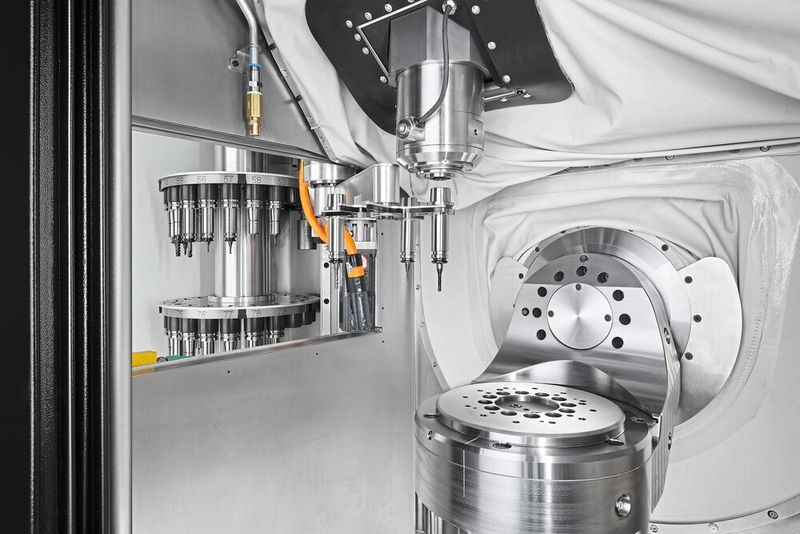 Le changement d'outil à partir du magasin en tourelle s'effectue au moyen d'un préhenseur à 4 griffes, offrant des temps copeau à copeau courts et une réserve suffisante permettant des opérations consécutives rapides. (Source :Chiron)