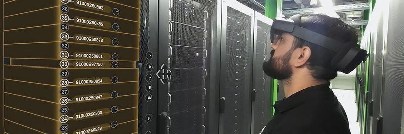Die Software DC Vision im Einsatz: Mithilfe einer Augmented-Reality-Brille und eines Digitalen Zwillings soll die Software Zeit und Ressourcen im Rechenzentrum einsparen. (Bild:  DC Smarter)