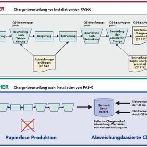 Ein Beispiel für Veränderungen durch die PAS-X-Installation ist der Chargen-Prüfprozess vor und nach der Installation 