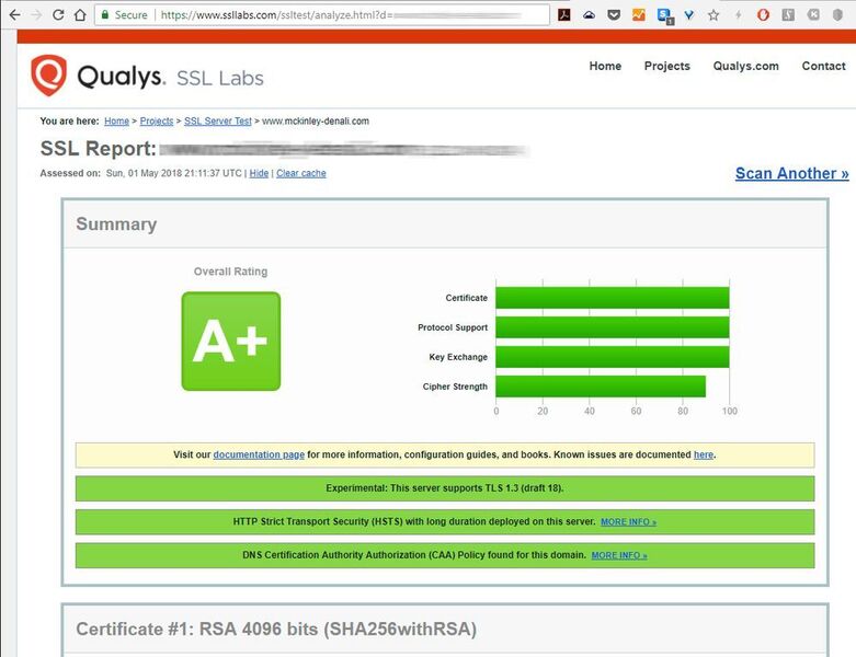 Alles im grünen Bereich: Der SSL-Test von Qualys SSL Labs prüft die HTTPS-Konfiguration eines Webservers auf Herz und Nieren. (McKinley-Denali)
