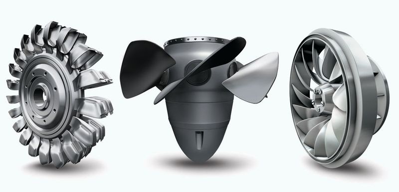 Laufräder der verschiedenen Turbinenkonzepte: Pelton-, Kaplan- und Francis-Turbine. (Bilder: Schaeffler)