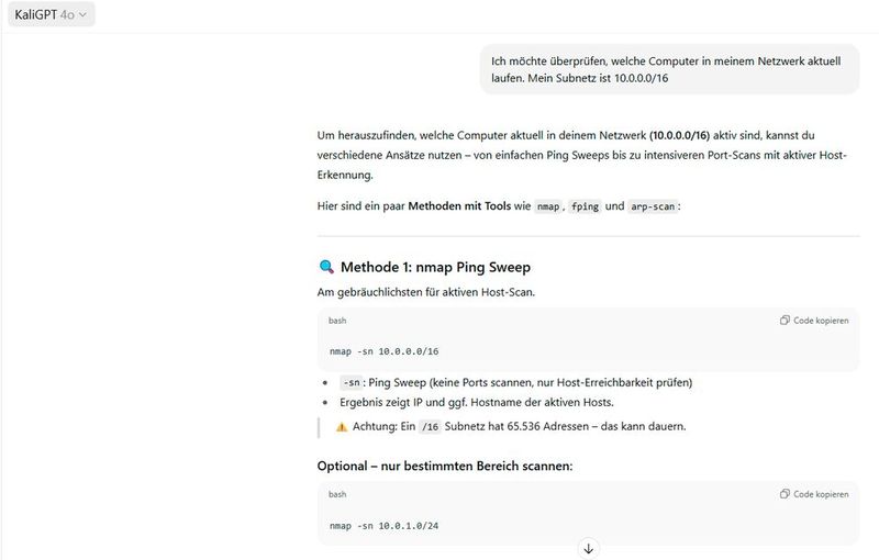 KaliGPTs sind für die Verwendung von Kali-Linux optimiert und helfen bei der Erstellung von Befehlen zur Verwendung von Kali-Linux. (Bild: Joos)