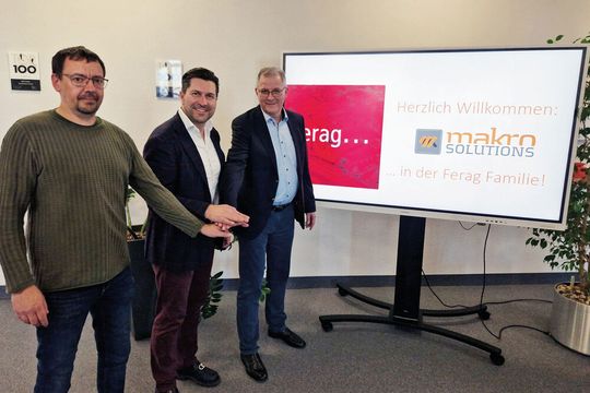 Ferag und Makrosolutions vereinen ihr Know-how! Von links: Mario Kroschky (Head of Product Management Graphics), Tommaso Ramundo (CEO Ferag Group), Gideon Martz (Global Head of Market Graphics & Managing Director Germany).(Bild:  Ferag)