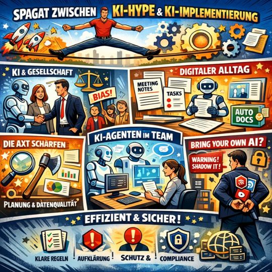 Der Einsatz von KI-Tools ist ein Spagat zwischen Hype und Implementierung.(Bild:  Swiss IT Security AG - mit KI generiert)