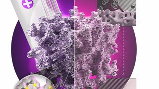 The illustration shows the structure of the sponge-like material with the two applications in a battery cathode (left) and for the deposition of metal ions (right) (Image:Dr. J. Richers, Dr. C. Kühne)