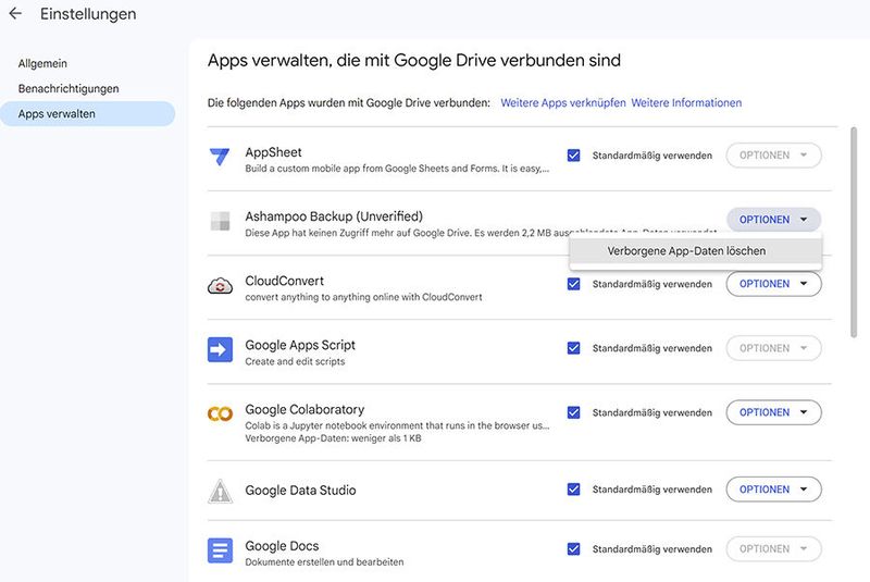 Verwalten von Apps und Cloud-Diensten, die auf Google Drive zugreifen können. (Bild: Joos - Google)