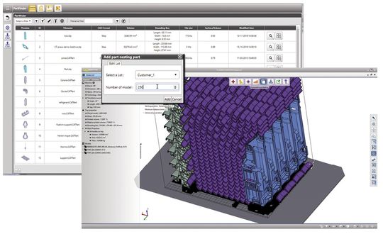 (Eine wichtige Funktion von Software für die Datenaufbereitung für die additive Fertigung ist die Schachtelung (Nesting) der Bauteile in den Bauraum. Bild:  CoreTechnologie)
