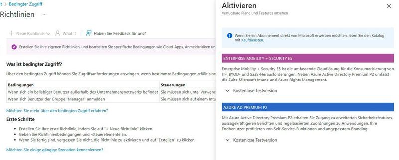 Buchen eines neuen Testzeitraums für Azure AD Premium P2 zum Testen des bedingten Zugriffs. (Joos)