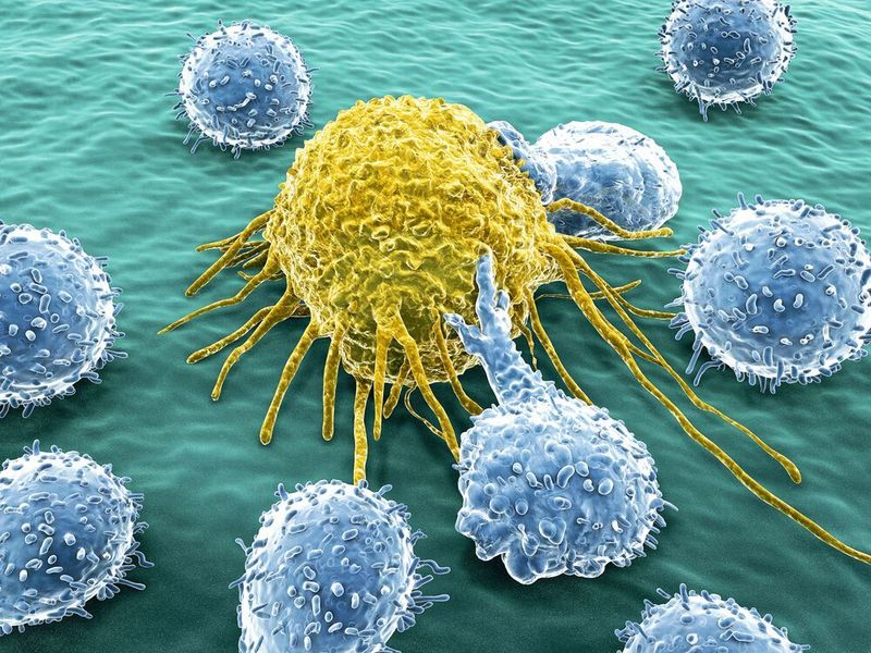 Lymphozyten greifen eine Krebszelle an (Symbolbild). (©Juan Gärtner - stock.adobe.com)