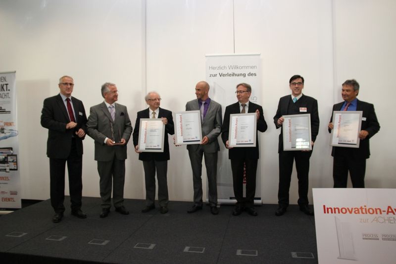 Die Gewinner und Short-List Kandidaten der Kategorie „Anlagenbau/Verfahren“ (v.l.n.r.): Gerd Kielburger, Stefan Opis/Iludest, Dr. Ing. Hans-Eckhard Koenen/Iludest, Roel Vleeschouwers/Vito, Thomas Maier/Eisele, Dipl.-Ing. Gunnar Pretzsch/VWS Deutschland und Heribert Offermanns/LOB. (Bild: Schäffner/PROCESS)