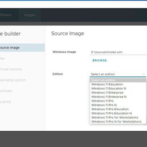 Die Erstellung eines neuen Images erfolgt in VMware Imager mit einem Assistenten. Zunächst erfolgt die Auswahl des WIM-Images und der Edition, für die ein Image erstellt werden soll.(Bild:  Joos / VMware)