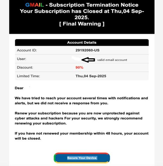 Abb. 1. Beispiel einer betrügerischen Gmail-Benachrichtigung.(Bild:  Aryaka)