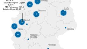Logistik-Hotspots 2026. In Dortmund finden deutschlandweit mit sechs Veranstaltungen die meisten Logistikevents statt. (Bild: Eigene Darstellung mit Datawrapper)