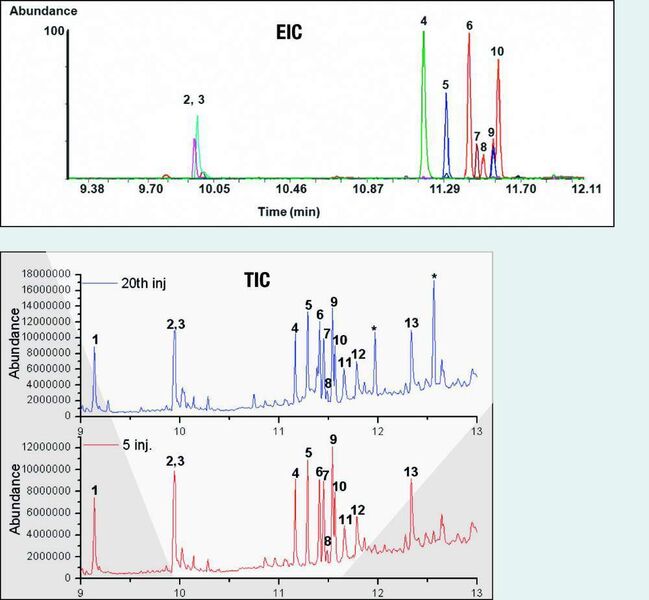 3	 Totalionen-Chromatogramm (TIC) und die Ionenspuren (EIC) eines DPX-Extrakts von 250 µL Vollblut versetzt mit 0,5 ppm einer Mischung gängiger Drogenwirkstoffe. (Archiv: Vogel Business Media)