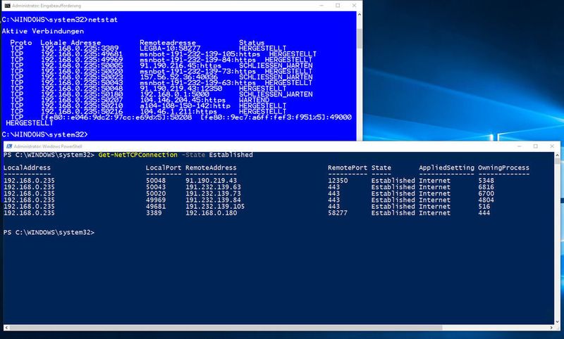 Der „netstat“-Befehl darf natürlich auch nicht fehlen: Zwar stellt die Option „-State Established“ des Cmdlet „Get-NetTCPConnection“ die Ergebnisse etwas anders an als der „alte Standardbefehl“, bietet aber weitaus bessere Konfigurationsmöglichkeiten. Das kommt auch der Bildschirmausgabe zugute. (Schlede, Bär / Microsoft)