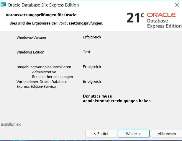 Im Rahmen der Installation überprüft der Assistent für Oracle Database Express Edition, ob die Einstellungen richtig gesetzt sind. (Bild: Joos (Screenshot))