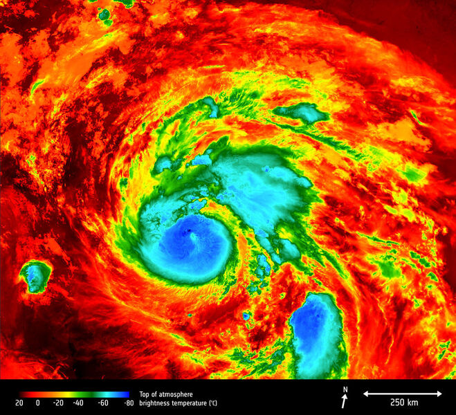 Falschfarbenbild des Hurrikans Harvey, zur Darstellung der Orte größter Energien. (ESA)
