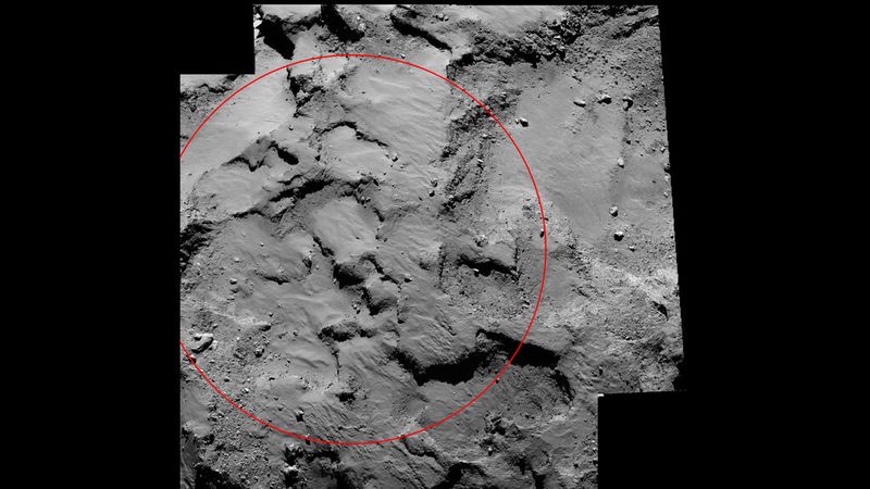 Der Landeplatz Agilkia sitzt auf dem Kopf des Kometen Churyumov-Gerasimenko. Diese Aufnahme besteht aus zwei Bildern, die die Osiris-Kamera am 14. September 2014 aus einer Entfernung von 30 km aufnahm. Im Mittelpunkt des roten Kreises liegt die Landestelle, der Durchmesser der Lande-Ellipse beträgt rund 1 km. (Bild: ESA)