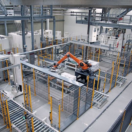 Über zwei parallel verlaufende Produktionslinien erhält der Roboter die zuvor automatisch abgefüllte Sackware zur Palettierung.(Bild:  Koch)